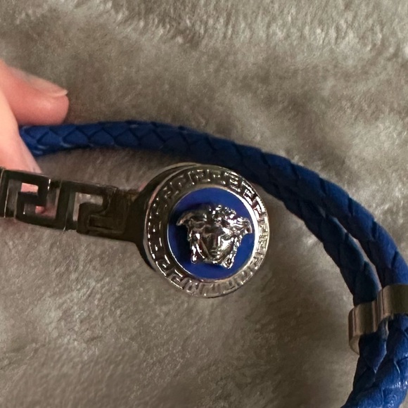 Men’s Versace Royal Blue Braided Leather Silver Greek Medusa Bracelet - Picture 2 of 3